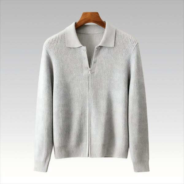 Custom Men's Ribbed Knit Cardigan - Light Gray Polo Collar Full-Zip Slim Fit Casual Sweater Jacket